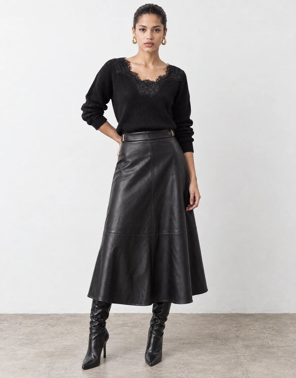Faux leather flared midi skirt