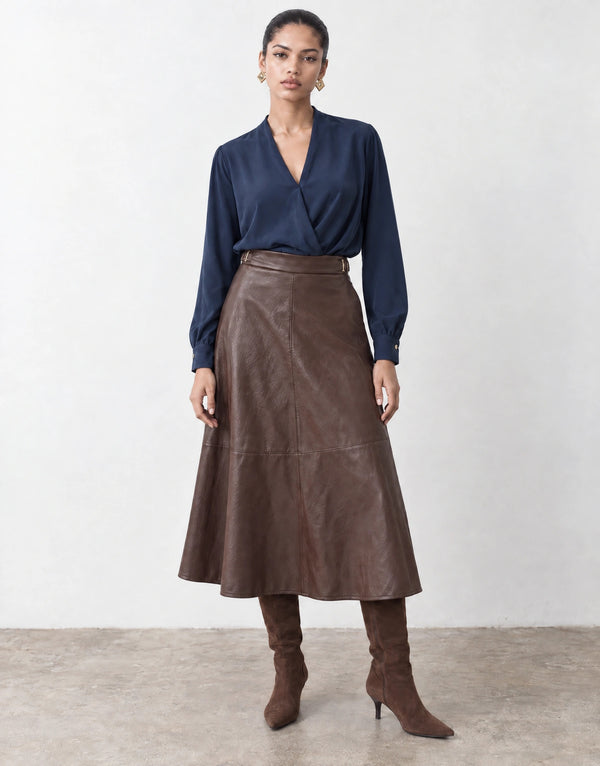 Faux leather flared midi skirt