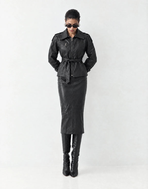 Midi pencil skirt with leather look