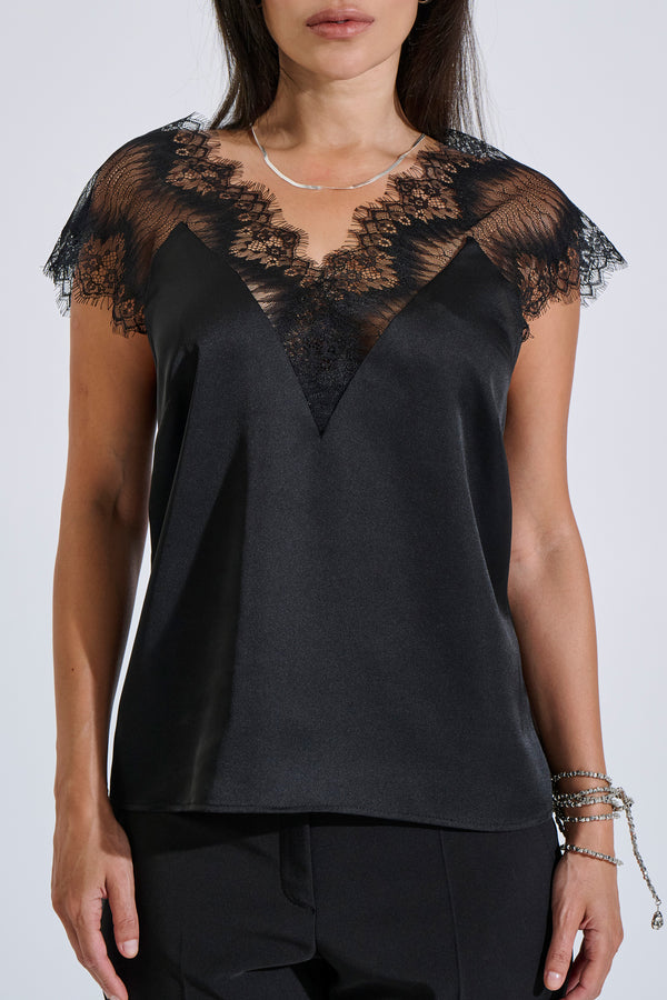 Sleeveless satin blouse with lace