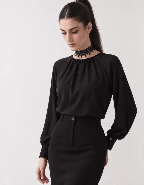 Satin Blouse with Gathered Neckline