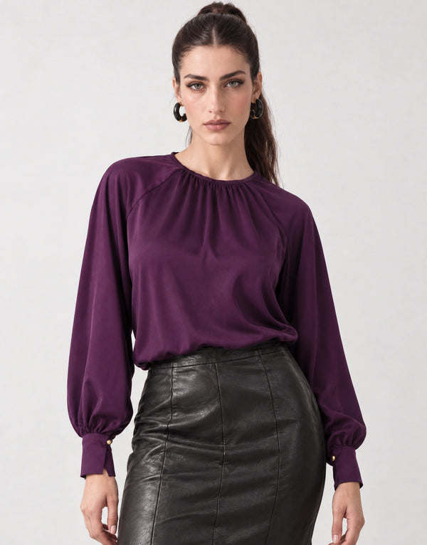 Satin Blouse with Gathered Neckline
