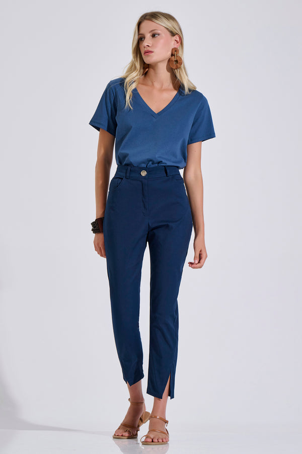 Cotton Cropped Straight-Leg Pants with Slit Hem