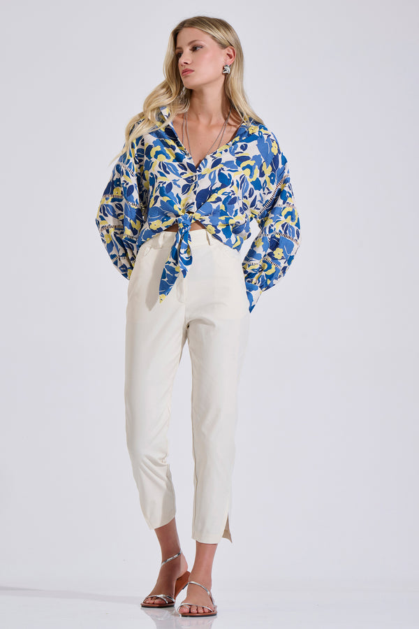 Cotton Cropped Straight-Leg Pants with Slit Hem