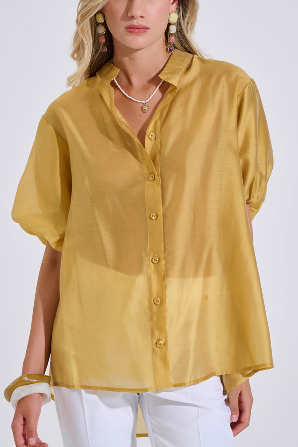Lyocell Shirt with Buttons & Balloon Sleeves