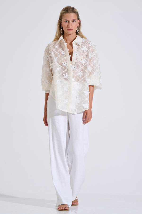 Long Sleeve Embroidered Shirt with Crochet Flowers