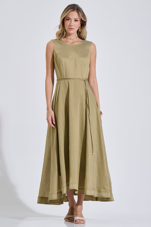 Airy Sleeveless Midi Dress in Lyocell & Linen with Waist Tie & V Back