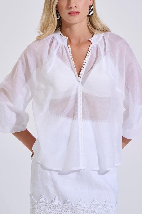 Cotton & Silk Blouse with V-Neckline