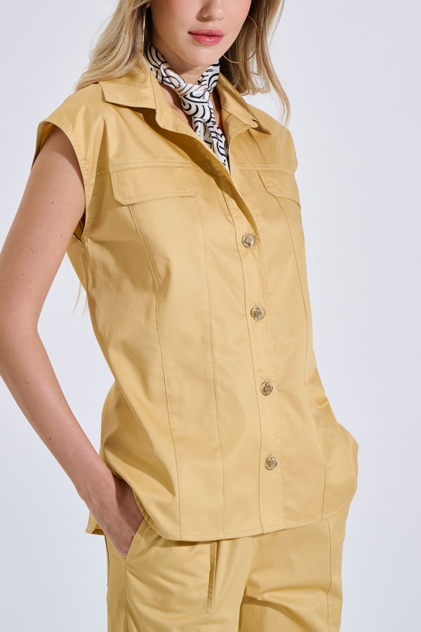 Cotton Sleeveless Shirt with Decorative Pockets