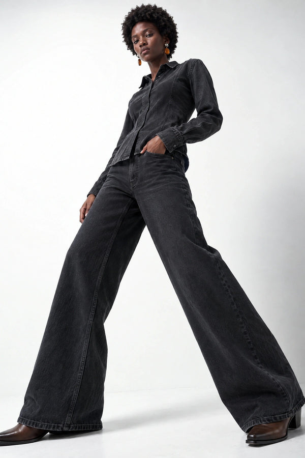 Wide leg denim trousers