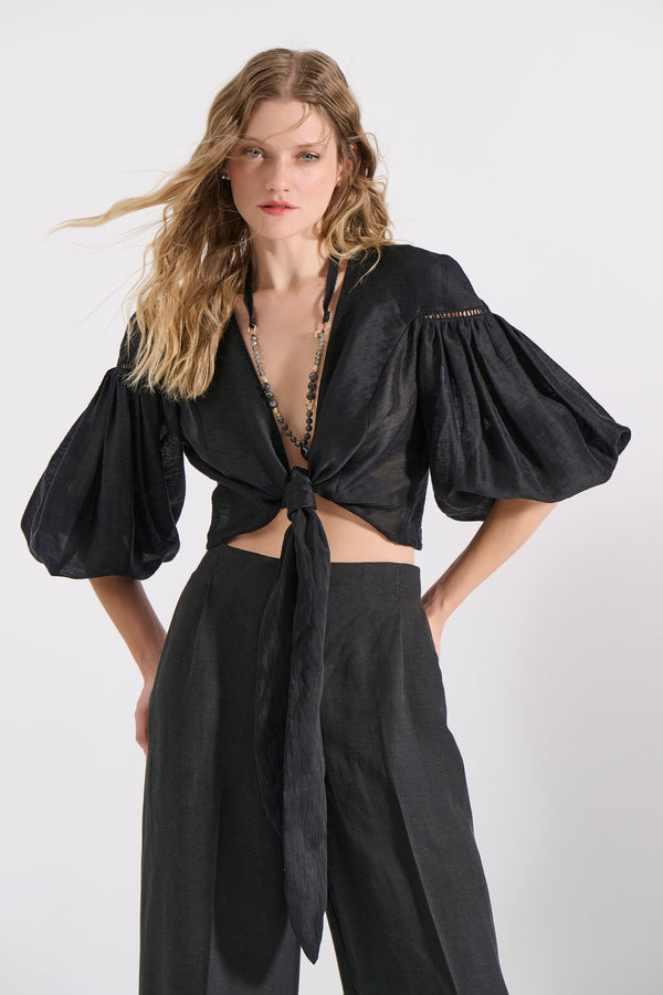 Wrap Blouse with Puff Sleeves