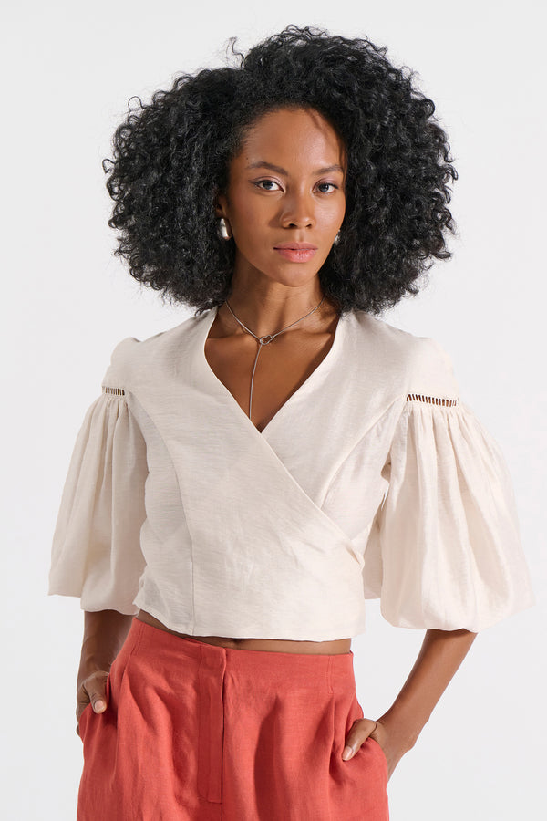 Wrap Blouse with Puff Sleeves
