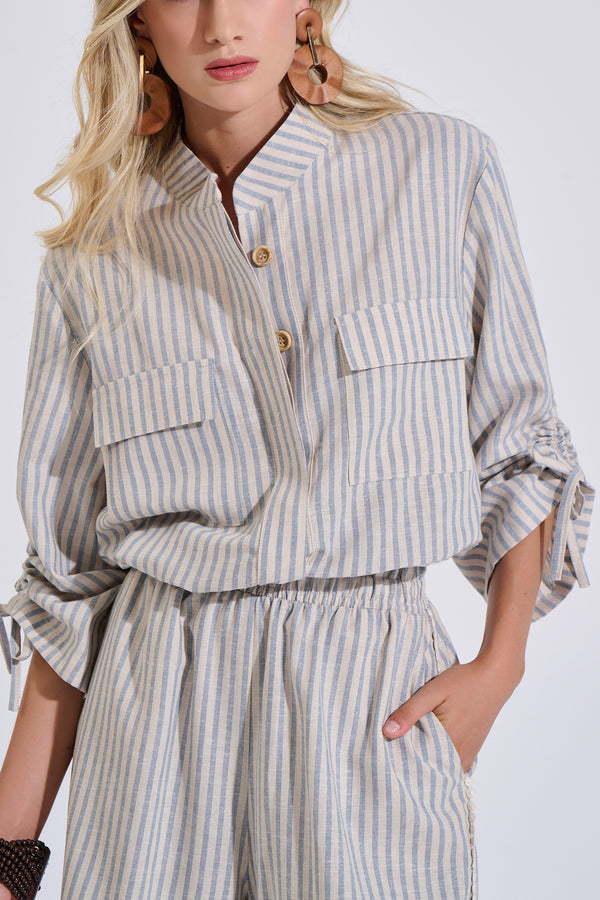 Striped Linen-Blend Shirt with Adjustable Hem Drawstring