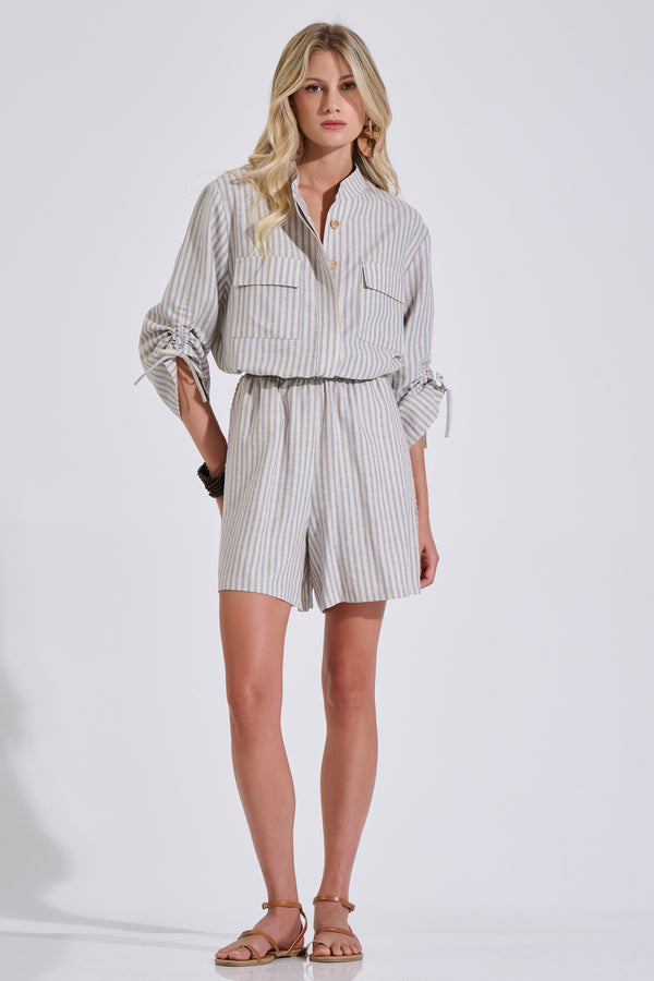 Striped Linen Blend Shorts with Elastic Waist