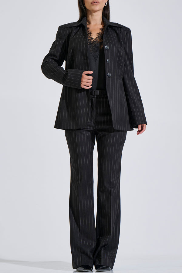 Striped flared trousers with belt