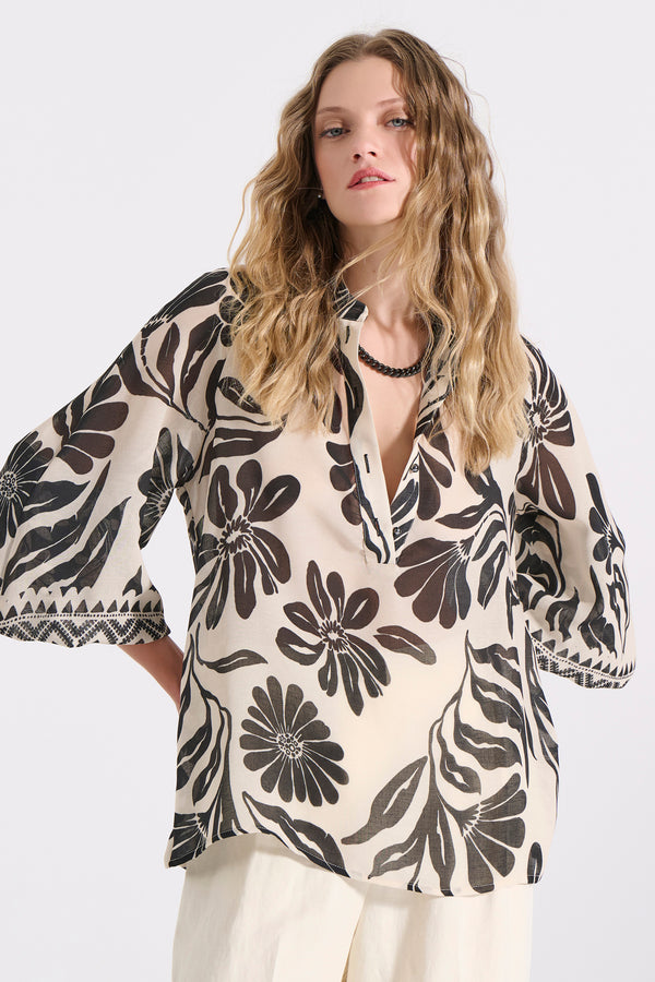 Floral Blouse with 3/4 Sleeves and Buttoned Neckline