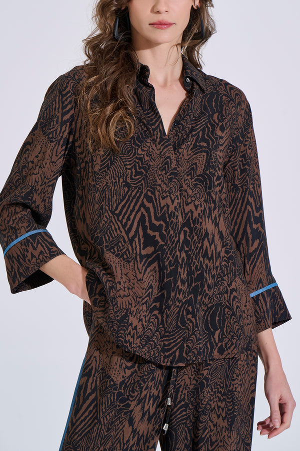 Printed Rayon Shirt with Denim Trim