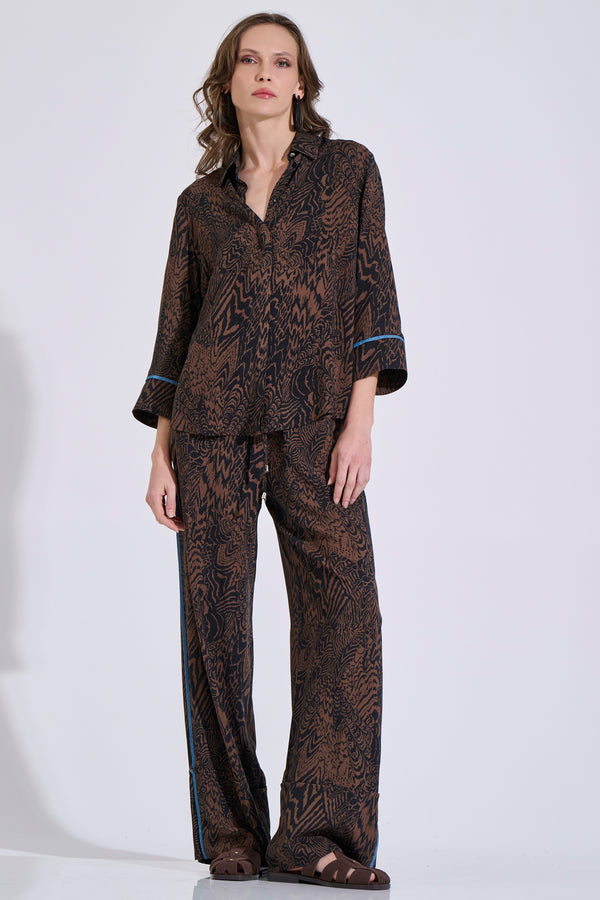 Printed Rayon Wide-Leg Trousers with Denim Trim