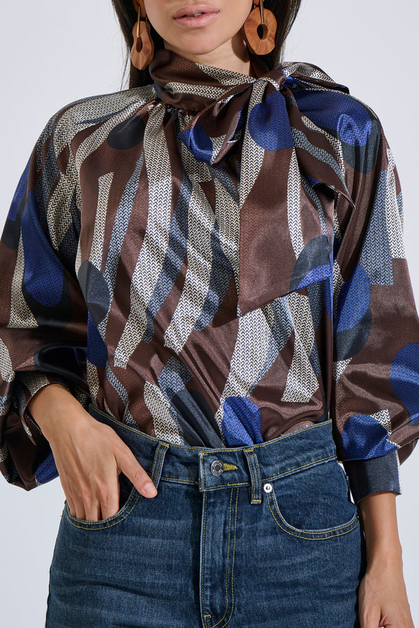 Printed satin blouse with tie detail
