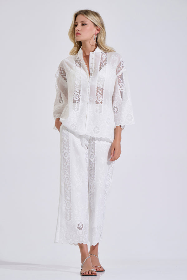 Cotton Embroidered Lace Cropped Trousers