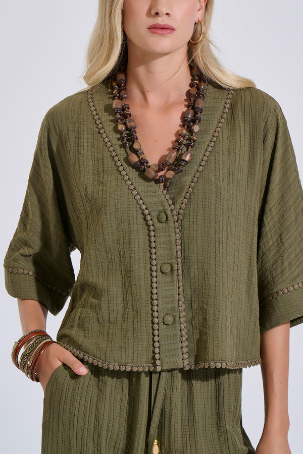 Crinkled-Texture Shirt with Trim Details